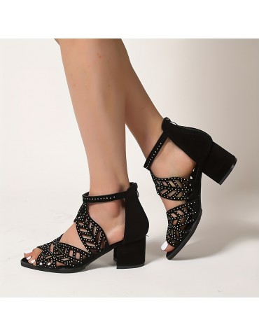 Women's Rhinestone Decor Chunky Heel Sandals, Fashion Hollow Out Design Sandals, Back Zipper Dress Shoes