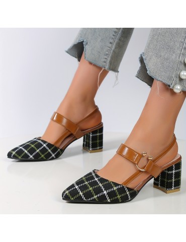 Women's Chunky Heeled Sandals, Plaid Pointed Toe Slingback Mid Heels, Versatile Sandals