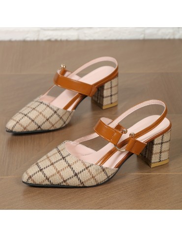 Women's Chunky Heeled Sandals, Plaid Pointed Toe Slingback Mid Heels, Versatile Sandals