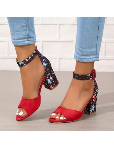 Women's Chunky Heeled Sandals, Peep Toe Floral Print Ankle Strap High Heels, Fashion Canvas Sandals