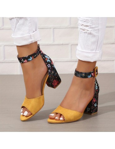 Women's Chunky Heeled Sandals, Peep Toe Floral Print Ankle Strap High Heels, Fashion Canvas Sandals