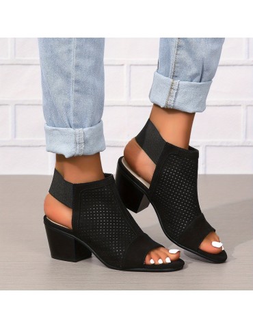 Women's Chunky Heeled Sandals, Retro Perforated Peep Toe Elastic Strap Slingback Shoes, Solid Color Slip On Sandals