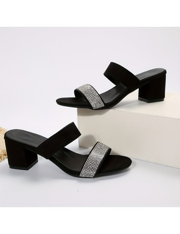 Women's Chunky Heeled Sandals, Rhinestone Double Band Open Toe High Heels, All-Match Slip On Sandals