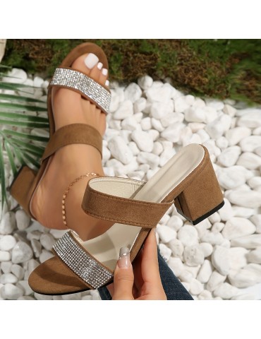 Women's Chunky Heeled Sandals, Rhinestone Double Band Open Toe High Heels, All-Match Slip On Sandals