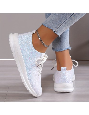 Women's Glitter Sequins Decor Sneakers, Casual Lace Up Outdoor Shoes, Lightweight Low Top Walking Shoes
