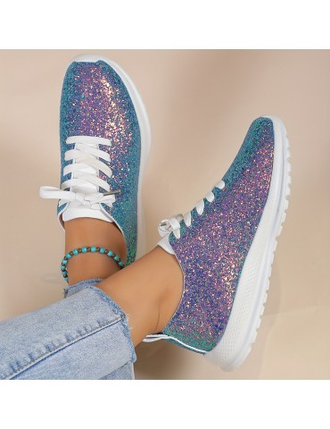 Women's Glitter Sequins Decor Sneakers, Casual Lace Up Outdoor Shoes, Lightweight Low Top Walking Shoes