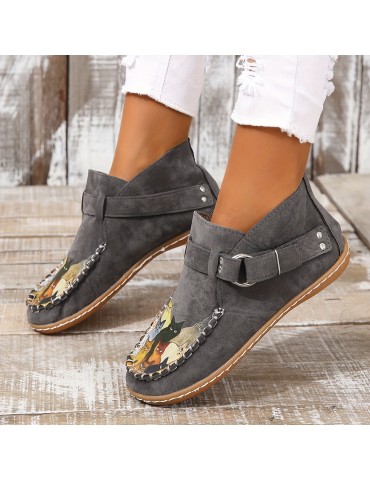 Women's Cute Cat Pattern Ankle Boots, Retro Round Toe Buckle Slip On Shoes, Comfortable Low Top Shoes