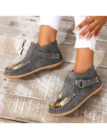 Women's Cute Cat Pattern Ankle Boots, Retro Round Toe Buckle Slip On Shoes, Comfortable Low Top Shoes