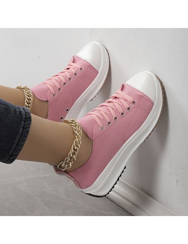 Women's Platform Canvas Sneakers, Solid Color Lace Up Low Top Walking Trainers, Casual Outdoor Sports Shoes