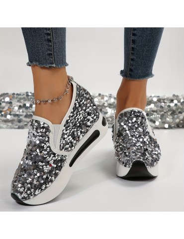 Women's Sequins Platform Sneakers, Casual Low Top Slip On Wedge Sports Shoes, Fashion Walking Trainers
