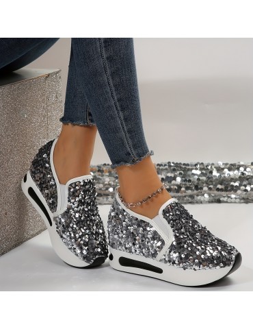 Women's Sequins Platform Sneakers, Casual Low Top Slip On Wedge Sports Shoes, Fashion Walking Trainers