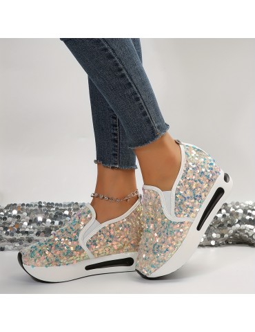 Women's Sequins Platform Sneakers, Casual Low Top Slip On Wedge Sports Shoes, Fashion Walking Trainers