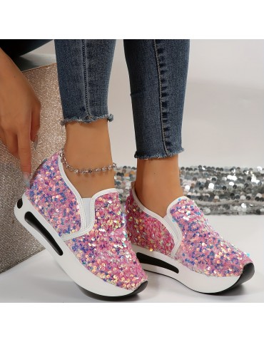 Women's Sequins Platform Sneakers, Casual Low Top Slip On Wedge Sports Shoes, Fashion Walking Trainers