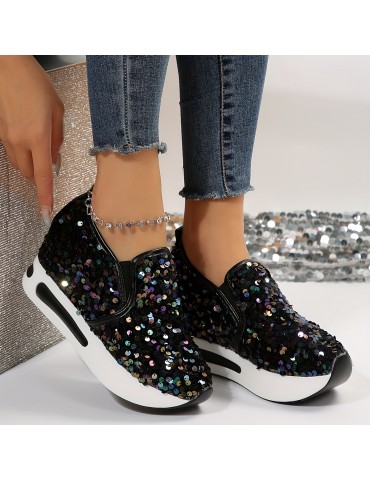 Women's Sequins Platform Sneakers, Casual Low Top Slip On Wedge Sports Shoes, Fashion Walking Trainers