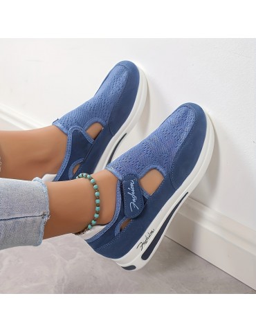 Women's Breathable Knit Platform Sneakers, Casual Hook & Loop Outdoor Shoes, Lightweight & Comfortable Sport Shoes
