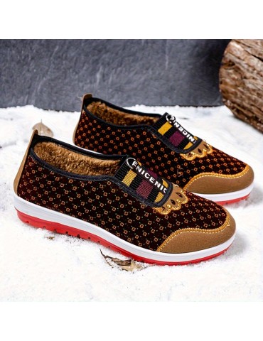 Women's Retro Print Low Top Flat Shoes, Breathable Wear Resistant Winter Warm Walking Shoes, Plush Lined Thermal Flats