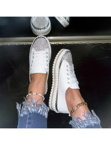 Women's Rhinestone Flat Sneakers, Fashion Round Toe Lace Up Low Top Skate Shoes, All-Match Outdoor Trainers