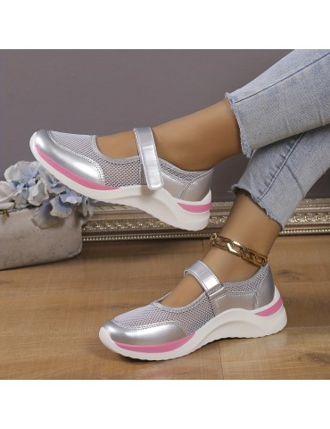 Women's Mesh Panel Platform Sneakers, Round Toe Low-top Versatile Shoes, Breathable Comfy Summer Shoes
