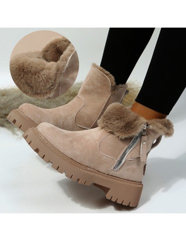 Women's Solid Color Platform Short Boots, Casual Side Zipper Fur Lined Boots, Comfortable Winter Boots