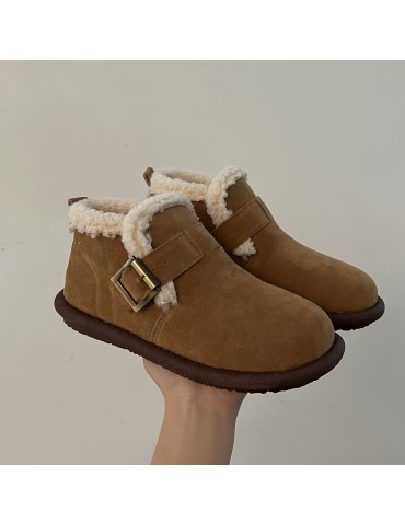 Women's Thermal Lined Flat Boots, Buckle Decor Soft Sole Winter Warm Shoes, Versatile Plush Non-slip Shoes