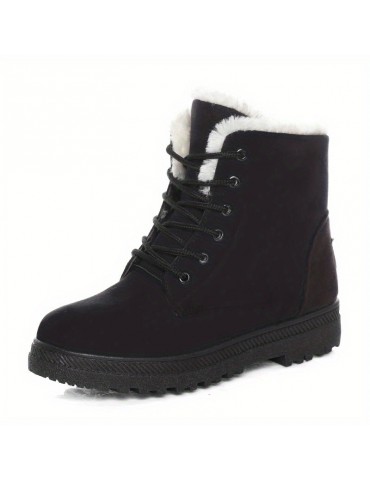 Women's Solid Color Platform Boots, Lace Up Velvet Warm Fluffy Non-slip Round Toe Outdoor Shoes, Winter Snow Boots