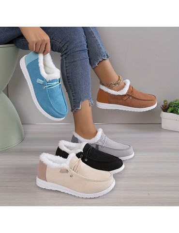 Women's Solid Color Boots, Slip On Round Toe Low-top Velvet Warm Fluffy Non-slip Soft Sole Shoes, Winter Comfy Shoes