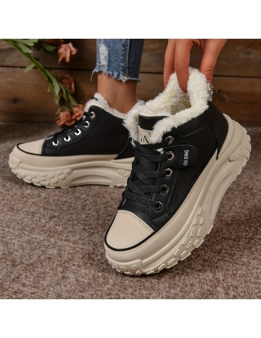 Women's Plush Lined Ankle Boots, Fashion Heightening Lace Up Platform Boots, Winter Warm Outdoor Short Boots