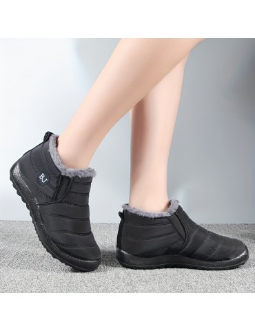 Women's Plush Lined Snow Boots, Waterproof Slip On Ankle Boots, Winter Thermal Outdoor Flat Boots