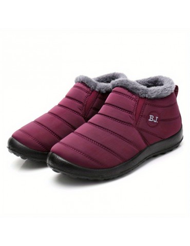 Women's Plush Lined Snow Boots, Waterproof Slip On Ankle Boots, Winter Thermal Outdoor Flat Boots