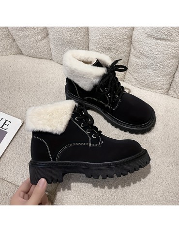 Women's Solid Color Fluffy Boots, Lace Up Sof Sole Platform Warm Lined Boots, Winter Plush Non-slip Snow Boots