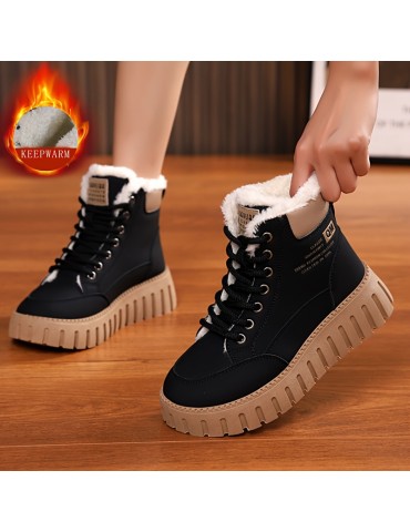 Women's Solid Color Fluffy Boots, Lace Up Soft Sole Platform Plush Lined Boots, Non-slip Winter Snow Boots