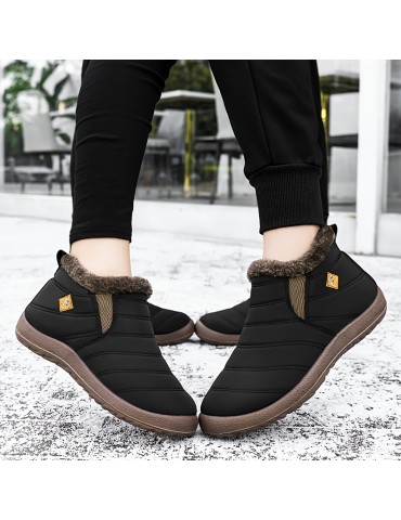 Women's Waterproof Snow Boots, Solid Color Plush Lined Slip On Ankle Boots, Winter Warm Outdoor Flat Boots