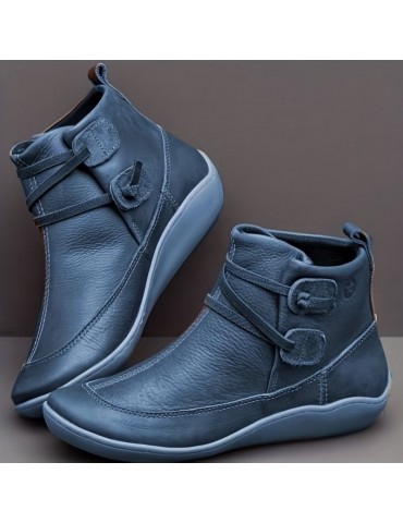 Women's Retro Ankle Boots, Solid Color Slip On Faux Leather Flat Boots, Women's Footwear