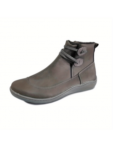 Women's Retro Ankle Boots, Solid Color Slip On Faux Leather Flat Boots, Women's Footwear