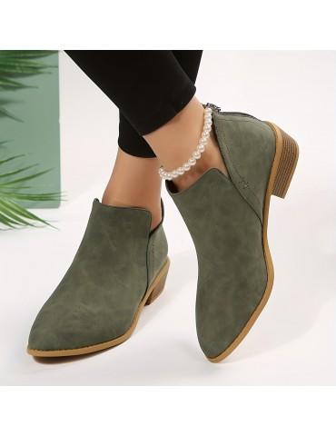Women's Chunky Heeled Ankle Boots, Pointed Toe Zipper Stacked Heeled Shoes, Retro Short Boots
