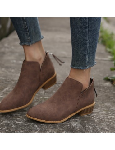 Women's Chunky Heeled Ankle Boots, Pointed Toe Zipper Stacked Heeled Shoes, Retro Short Boots