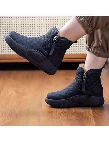 Women's Solid Color Boots, Side Zipper Quilted Pattern Slip On Round Toe Velvet Warm Fluffy Soft Shoes, Winter Comfy Shoes