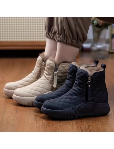 Women's Solid Color Boots, Side Zipper Quilted Pattern Slip On Round Toe Velvet Warm Fluffy Soft Shoes, Winter Comfy Shoes