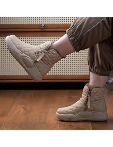 Women's Solid Color Boots, Side Zipper Quilted Pattern Slip On Round Toe Velvet Warm Fluffy Soft Shoes, Winter Comfy Shoes