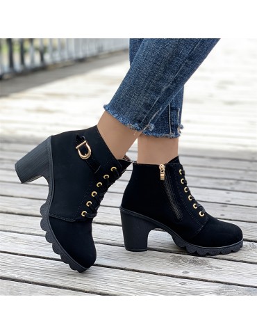 Women's Chunky Heeled Ankle Boots, Solid Color Side Zipper Boots, Beer Festival Dress Shoes