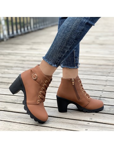 Women's Chunky Heeled Ankle Boots, Solid Color Side Zipper Boots, Beer Festival Dress Shoes