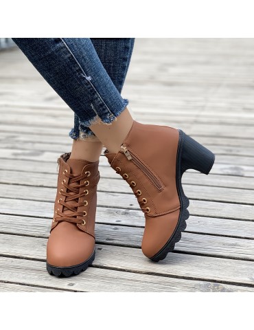 Women's Chunky Heeled Ankle Boots, Solid Color Side Zipper Boots, Beer Festival Dress Shoes