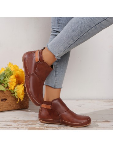 Women's Solid Color Trendy Boots, Slip On Soft Sole Platform Buckle Belt Boots, Versatile Round Toe Winter Boots