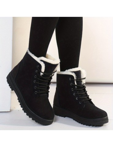 Women's Round Toe Lace Up Boots, Warm Faux Fur Lined Ankle Boots, Women's Footwear