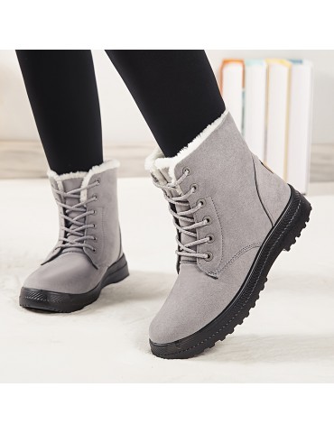 Women's Round Toe Lace Up Boots, Warm Faux Fur Lined Ankle Boots, Women's Footwear