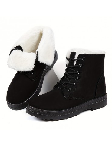 Women's Fleece Liner Ankle Snow Boots, Thermal Comfy Lace Up Flat Shoes, Round Toe Anti-Slip Shoes