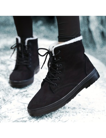 Women's Suedette Pattern Flatform Boots, Lace Up Thick Bottom Velvet Warm Non-slip Snow Boots, Wear-resistant Comfy Shoes