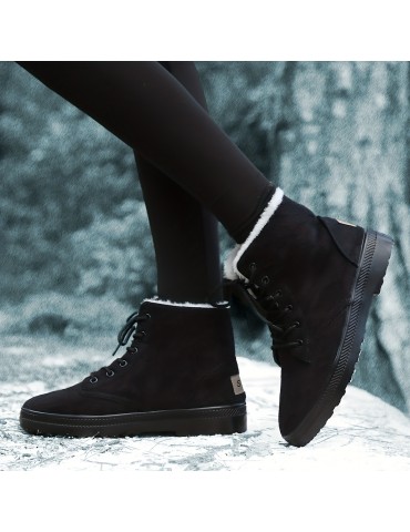 Women's Suedette Pattern Flatform Boots, Lace Up Thick Bottom Velvet Warm Non-slip Snow Boots, Wear-resistant Comfy Shoes
