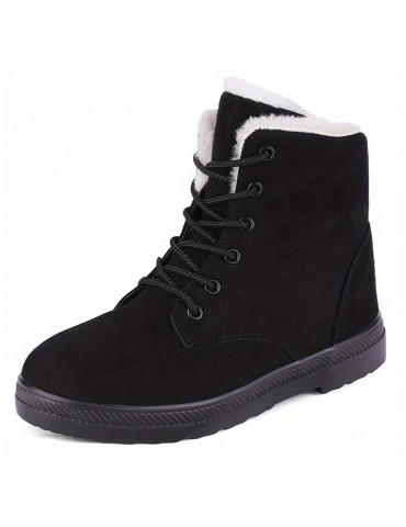 Women's Suedette Pattern Flatform Boots, Lace Up Thick Bottom Velvet Warm Non-slip Snow Boots, Wear-resistant Comfy Shoes