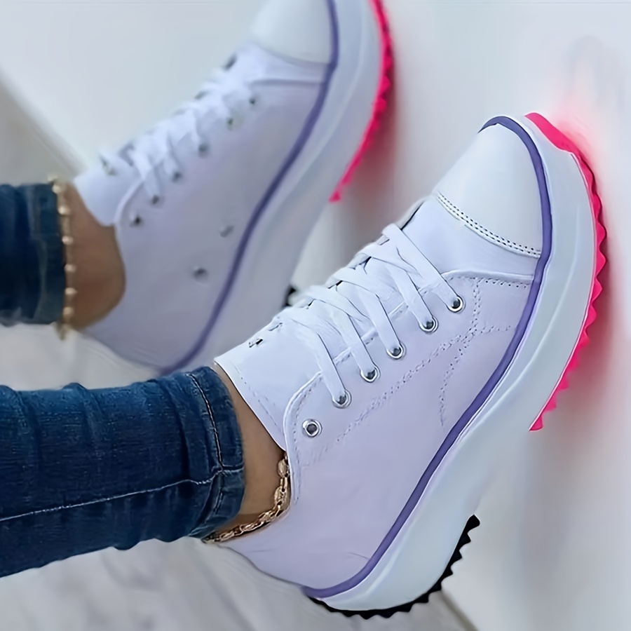 womens solid color trendy sneakers lace up soft sole platform casual walking shoes versatile low top canvas shoes details 3